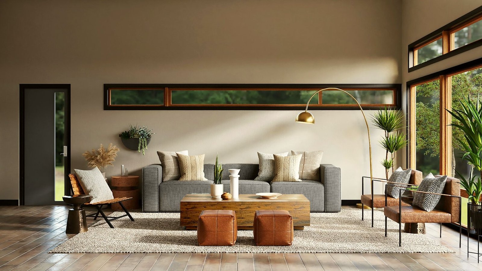 Warm modern living room with a low sofa, timber table and garden views